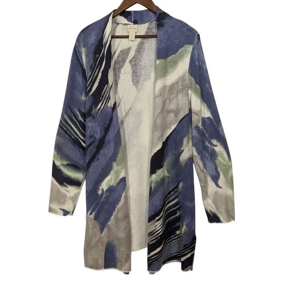 Chicos Blue Green Watercolor Long Cardigan Open Front Rolled Hem Coastal 2 L 12 - Picture 1 of 8